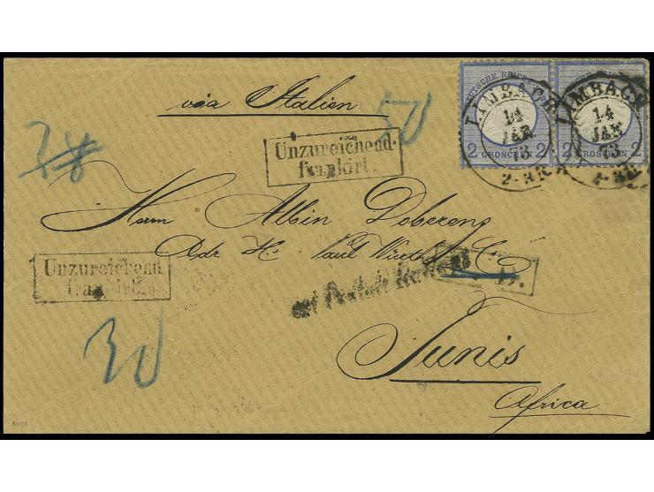 "LIMBACH 14 JAN. 73", Dkr. auf waagerechtem Paar Dt. Reich Großer Schild 2 Groschen blau auf unzureichend frankiertem Briefku