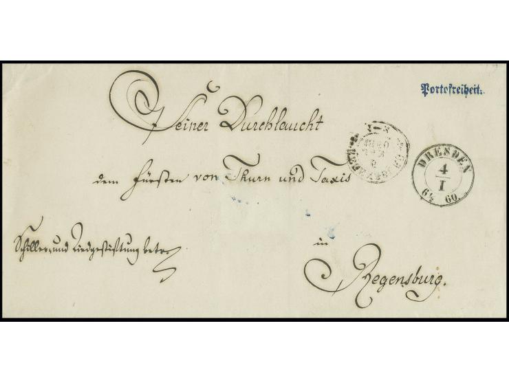 "Portofreiheit", blauer Einzeiler sauber auf Briefhülle mit nebengesetztem Aufgabestempel "DRESDEN 4/I 60" mit handschriftlic