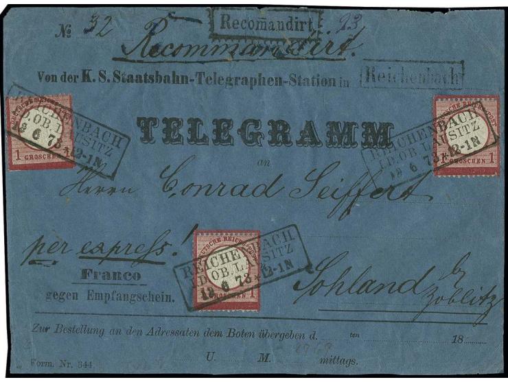 "Reichenbach", Stations-Rahmenstempel auf blauem sächsischen Telegramm-Umschlag, frankiert mit Dt. Reich Großer Schild 1 Gros