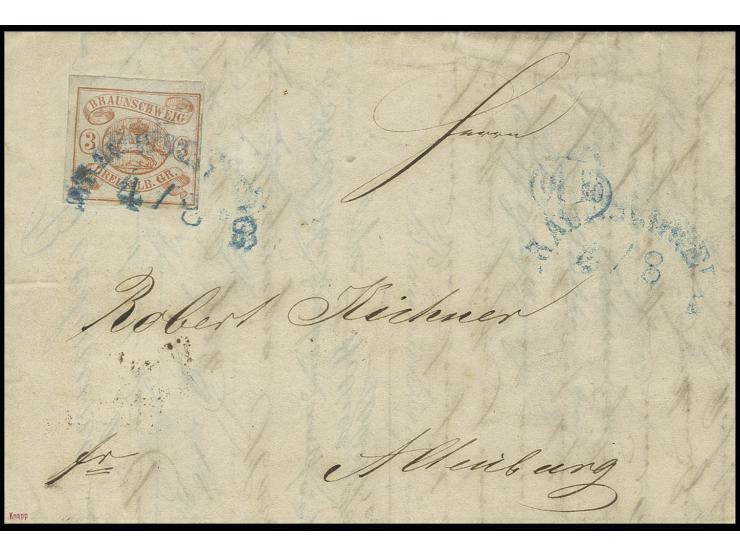 BRAUNSCHWEIG: 1852, 3 Silbergroschen orangerot, voll- bis meist breitrandig mit blauem Halbkreisstempel "BRAUNSCHWEIG 4/8" (1