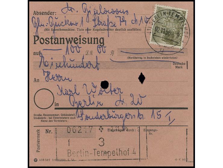50 Pfg. als portogerechte Einzelfrankatur auf Postanweisung von "BERLIN-TEMPELHOF 2.22.56" nach Berlin N 20 mit Ankunftsstemp