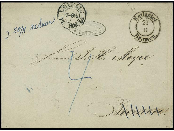 BREMEN: 1854, unfrankierter Brief der Firma Brockhaus mit Originalinhalt von "LEIPZIG 17. NOV. 54" nach Bremen, hier nachtaxi