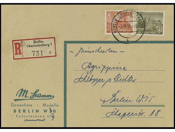 50 Pfg. und 8 Pfg. als portogerechte Frankatur auf Einschreibe-Orts-Postkarte aus "BERLIN-CHARLOTTENBURG 3.9.55" nach Berlin 