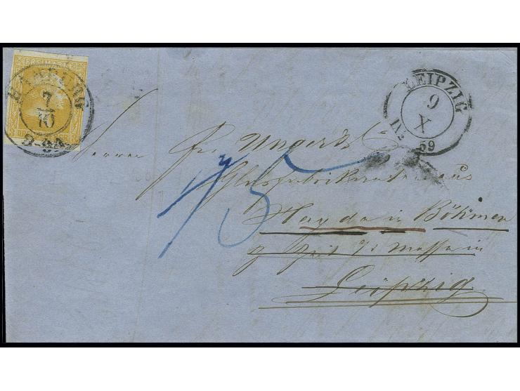 1859, Gittergrund 3 Silbergroschen orange mit DKr. "HAMBURG 7/10" auf Briefhülle nach Leipzig, hier umadressiert und unfranki