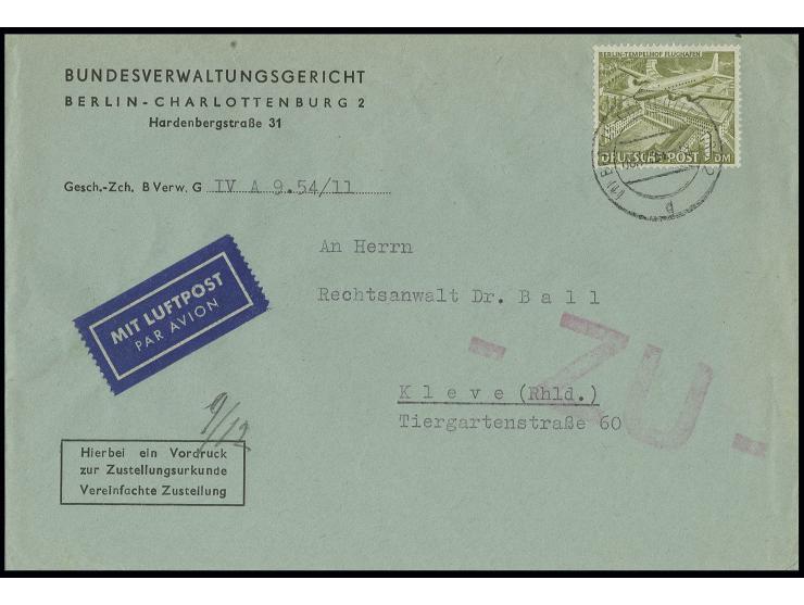 1 M. als Einzelfrankatur auf Luftpost-Zustellungsurkunde von "BERLIN-CHARLOTTENBURG 2 8.12.54" nach Kleve, im Rand mit leicht