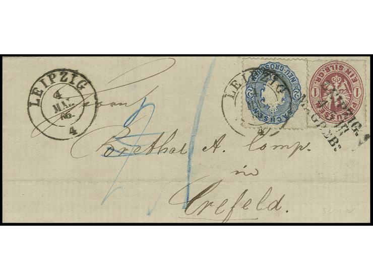 Wappen 2 Neugroschen blau mit DKr. "LEIPZIG 4 MAI. 66" in Mischfrankatur mit Preußen Wappen 1 Silbergroschen karminrosa auf k