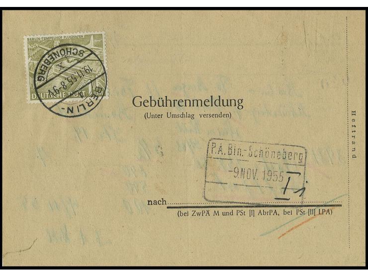 1 M. auf Gebührenmeldung-Formular von "BERLIN-SCHÖNEBERG 19.11.55" für ein unterfrankiertes Luftpost-Paket nach Hamburg