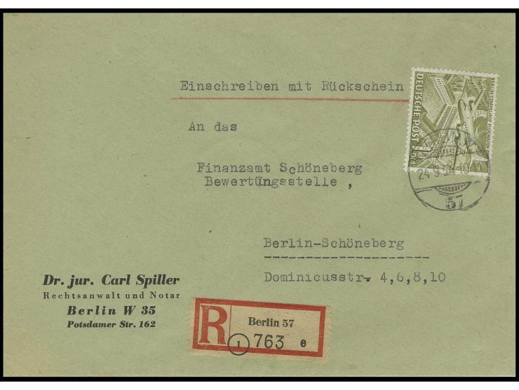 1 M. als portogerechte Einzelfrankatur auf Einschreibe-Rückschein-Brief von "BERLIN W 57 24.9.54" nach Berlin-Schöneberg mit 