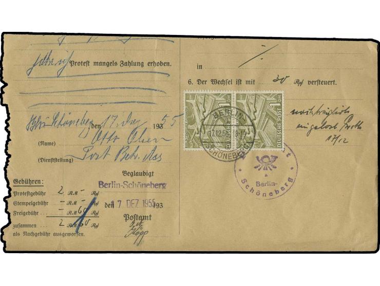 1 M. im senkrechten Paar mit Tagesstempel "BERLIN-SCHÖNEBERG 17.12.53" als Protestgebühr auf nicht komplettem Formular einer 
