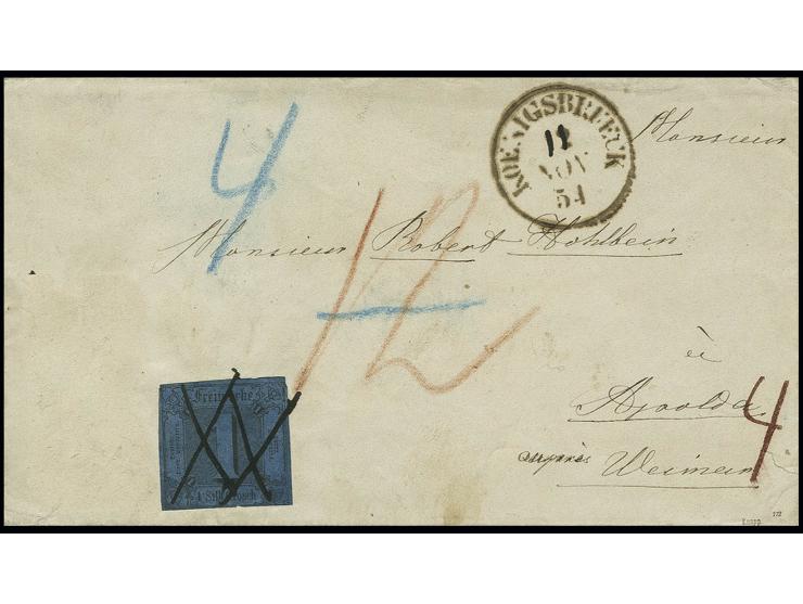 THURN & TAXIS: 1852, 1 Silbergroschen auf dunkelblau (sogenannte Portemonnaie-Marke) mit Federzugentwertung auf Briefkuvert m