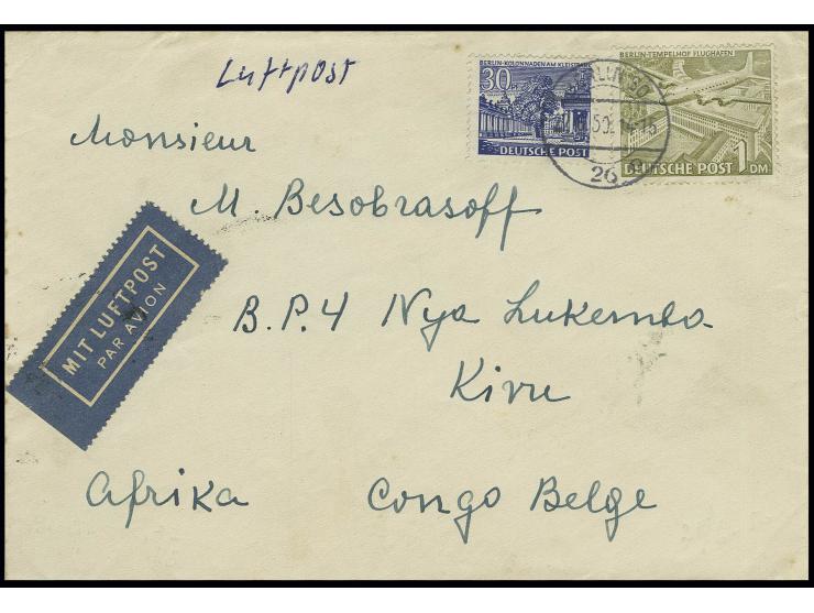 1 M. und 30 Pfg. als portogerechte Frankatur auf Luftpost-Brief bis 10 g von "BERLIN SO 26 27.6.50 nach Belgisch Kongo mit An