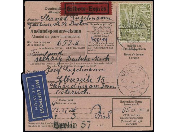 1 M., 25 Pfg. und 10 Pfg. als portogerechte Frankatur vorder- und rückseitig auf Eilboten-Luftpost-Postanweisung von "BERLIN 