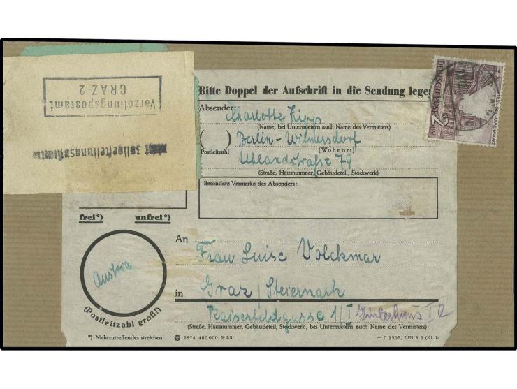 2 M. als portogerechte Einzelfrankatur auf komplettem Adressenträgerteil für ein Auslands-Päckchen bis 500 g von "BERLIN W 15