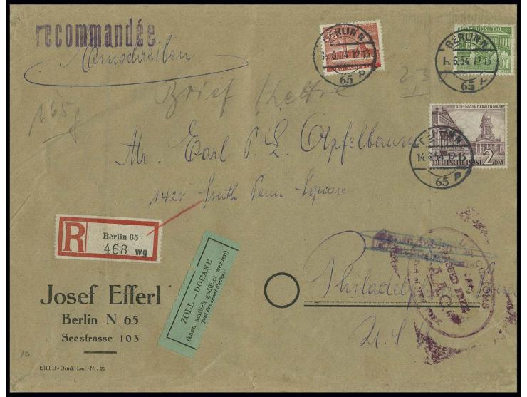 2 M., 10 Pfg. und 20 Pfg. als portogerechte Frankatur auf Einschreibe-Brief der 9. Gewichtsstufe von "BERLIN 14.6.54" mit Zol