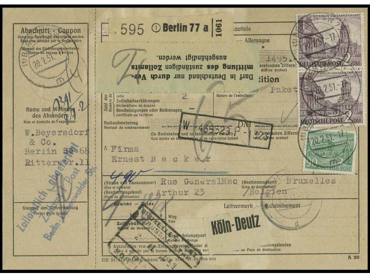 2 M. im senkrechten Paar und 90 Pfg. auf kompletter Auslands-Paketkarte von "BERLIN SW 77 20.2.57" nach Brüssel mit Ankunftss
