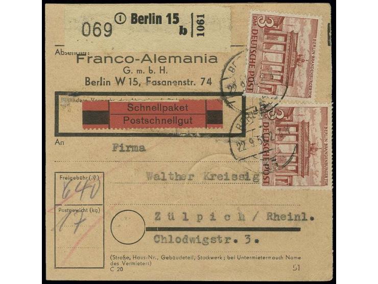 3 M. (2) und 40 Pfg. (rückseitig) als portogerechte Frankatur auf Schnellpaket/Postschnellgut-Paketkarte von "BERLIN W 15 22.