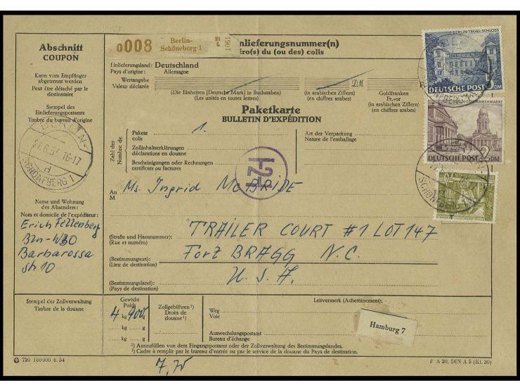 5 M., 2 M. und 70 Pfg. auf kompletter Auslands-Paketkarte von "BERLIN 27.6.56" in die USA, Formular mit Mittelbugfalte, Marke