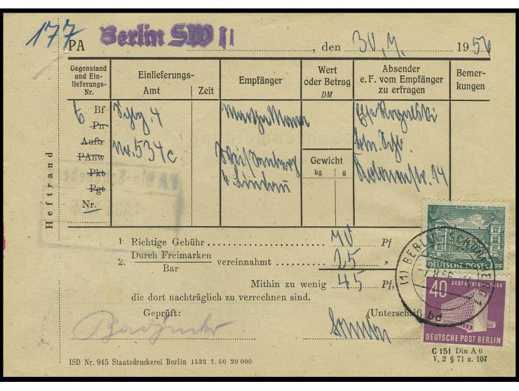 40 Pfg. und 5 Pfg. auf Gebührenmeldung-Formular von "BERLIN-CHARLOTTENBURG 1 7.8.56" für einen unterfrankierten Einschreibe-B