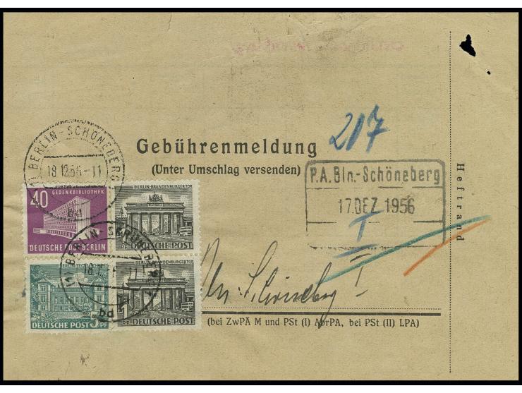 40 Pfg., 5 Pfg. und 1 Pfg. (2) auf Gebührenmeldung-Formular von "BERLIN-SCHÖNEBERG 18.12.56" für eine unfrankierte Nachnahme-