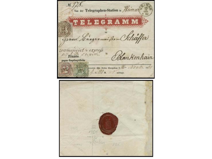Sächsischer Telegramm-Umschlag frankiert mit Thurn & Taxis 1859/61, ½ Silbergroschen grün, 2 Silbergroschen rosa und 3 Silber