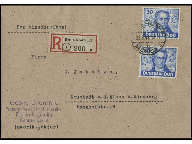 30 Pfg., 2 Stück als portogerechte Mehrfachfrankatur auf Einschreibe-Brief von "BERLIN-NEUKÖLLN 5 23.8.49" nach Neustadt mit 