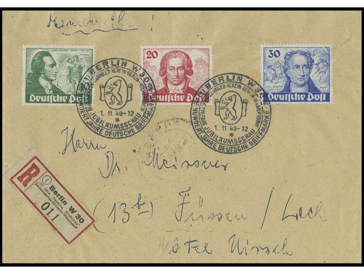 10-30 Pfg. Goethe kpl. auf Einschreibe-Brief mit SST "BERLIN W 30 1.11.49 HUNDERT JAHRE DEUTSCHE BRIEFMARKE..." und entsprech