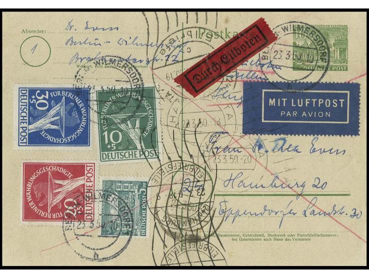 10-30 Pfg. kpl. und Bauten 5 Pfg. auf Karte Bauten 10 Pfg. als Luftpost-Eilboten-Karte von "BERLIN-WILMERSDORF 23.3.50" mit v