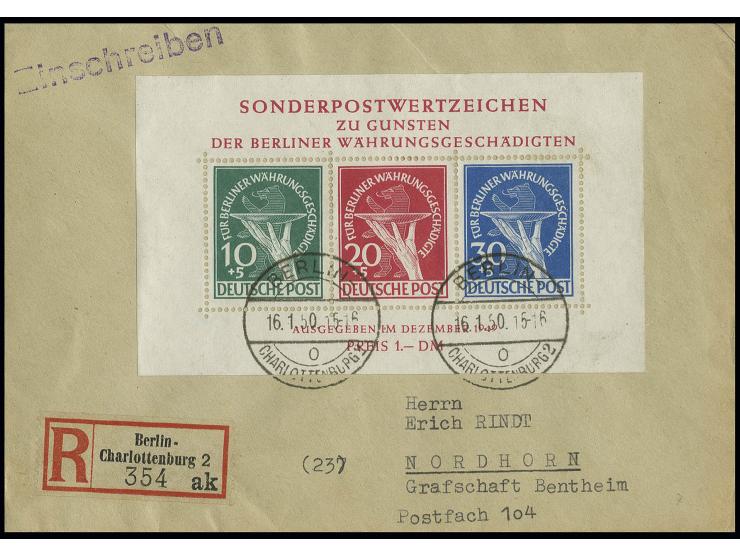 Währungsgeschädigten-Block als portogerechte Einzelfrankatur auf Einschreibe-Brief von "BERLIN-CHARLOTTENBURG 16.1.50" nach N