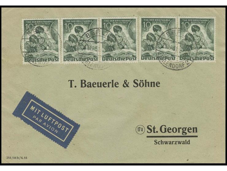 Tag der Briefmarke 10 Pfg., 5 Stück als Streifen geklebt als portogerechte Mehrfachfrankatur auf Luftpostbrief der 2. Gewicht