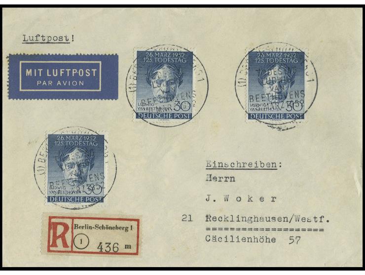 Van Beethoven, 3 Stück als portogerechte Mehrfachfrankatur auf Einschreibe-Luftpostbrief bis 40 g mit ESST "BERLIN-SCHÖNEBERG