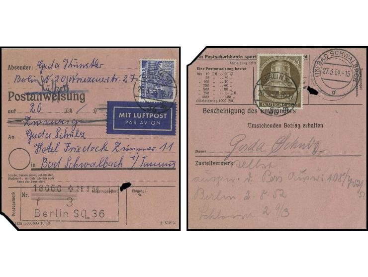 Glocke III 5 Pfg. als Luftpostgebühr rückseitig auf Postanweisung mit Bauten 30 Pfg. von "BERLIN SO 36 26.3.54" nach Bad Schw