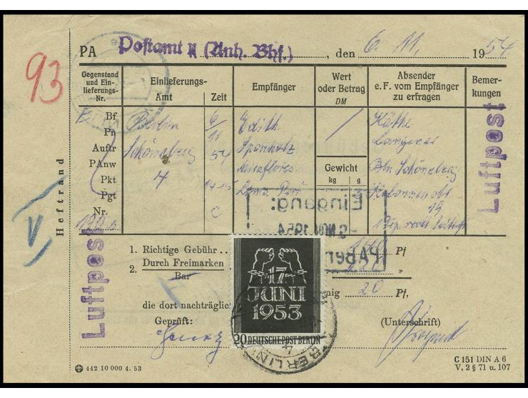 Volksaufstand 20 Pfg. auf Gebührenmeldung-Formular von "BERLIN-SCHÖNEBERG 4 8.11.54" für ein unterfrankiertem Luftpost-Einsch