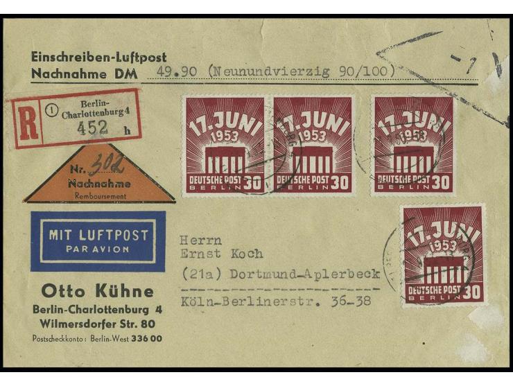 30 Pfg., 4 Stück als portogerechte Mehrfachfrankatur auf Einschreibe-Nachnahme-Luftpostbrief bis 40 g von "BERLIN-CHARLOTTENB