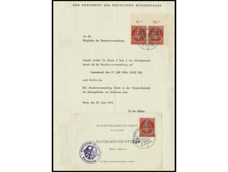 Wahl des Bundespräsidenten 20 Pfg., waagerechtes Paar aus der rechten oberen Bogenecke mit Ersttag-Sonderstempel auf Werbebla