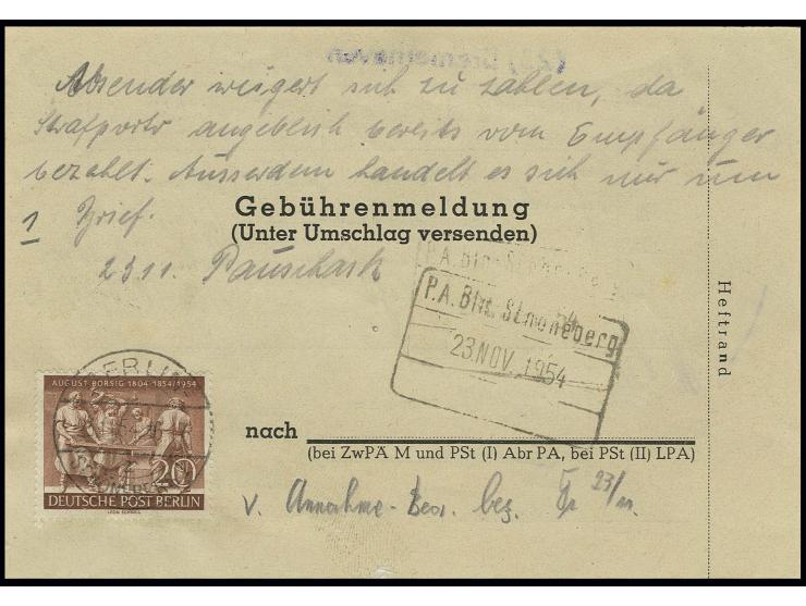 August Borsig 20 Pfg. auf Gebührenmeldung-Formular von "BERLIN-SCHÖNEBERG 1 20.11.54" für eine unterfrankierte Postanweisung