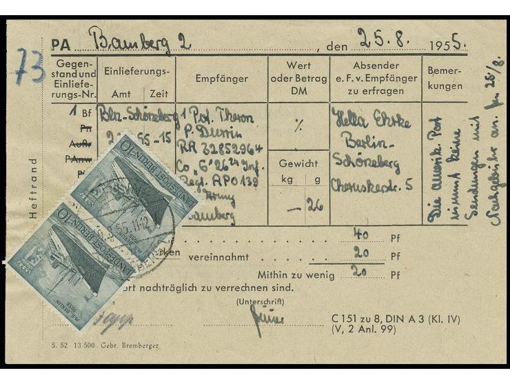 Motorschiff Berlin, 10 Pfg. im senkrechten Paar auf Gebührenmeldung-Formular von "BERLIN-SCHÖNEBERG 1 30.8.55" für unterfrank