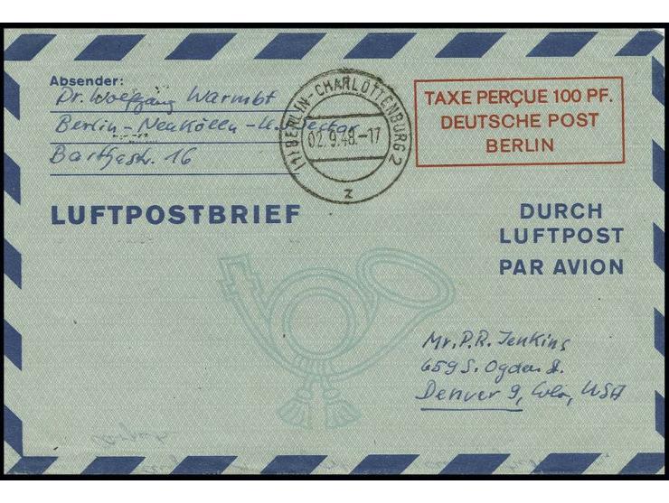 Luftpostfaltbrief 100 PF. in Type I, gebraucht mit viel Text von "BERLIN-CHARLOTTENBURG 2 2.9.48" via Frankfurt in die USA, r