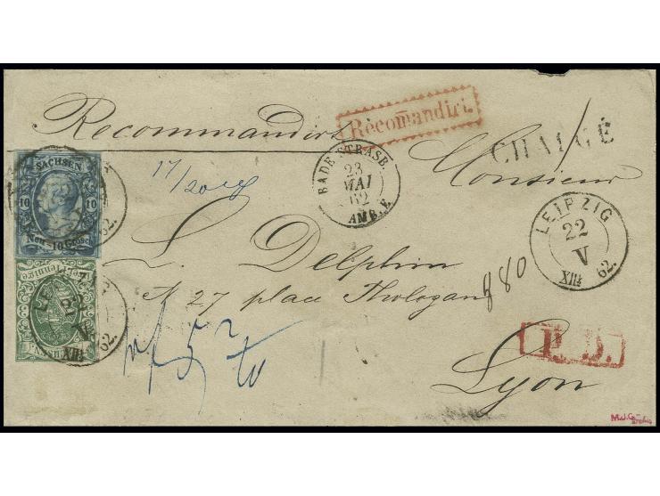 10 Neugroschen blau, glasiges Papier, allseits breitrandig zusammen mit leicht berührter Wappen 3 Pfennige grün, beide entwer