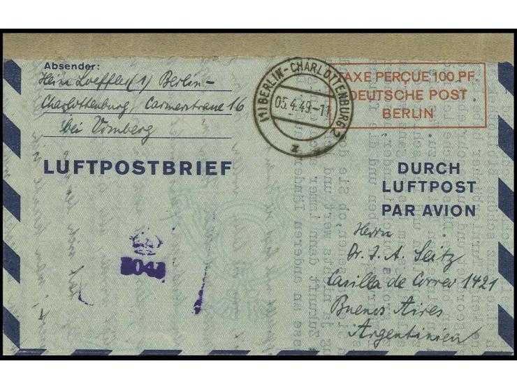 Luftpostleichtbrief 100 PF., Type II, gebraucht von "BERLIN-CHARLOTTENBURG 5.4.49 mit engl. Zensurstempel (vorder- und rückse
