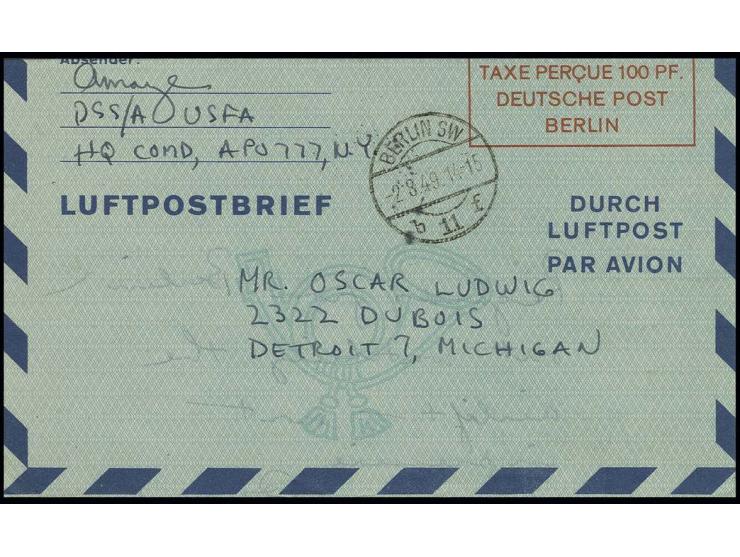 Luftpostleichtbrief 100 PF., Type II, bedarfsgebraucht von "BERLIN SW 11 2.8.49" mit interessantem APO-Absender in die USA, s