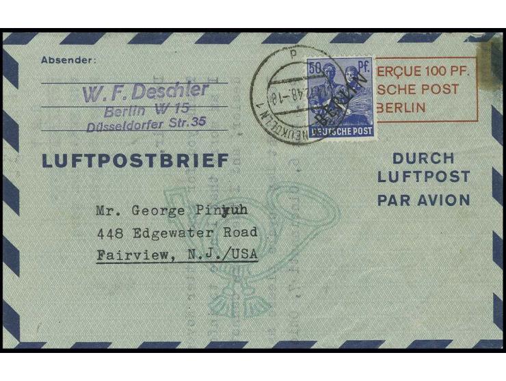Luftpostfaltbrief 100 PF., Type II, mit Zufrankatur Schwarzaufdruck 50 Pfg. als Luftpostbrief bis 15 g von "BERLIN-NEUKÖLLN 1