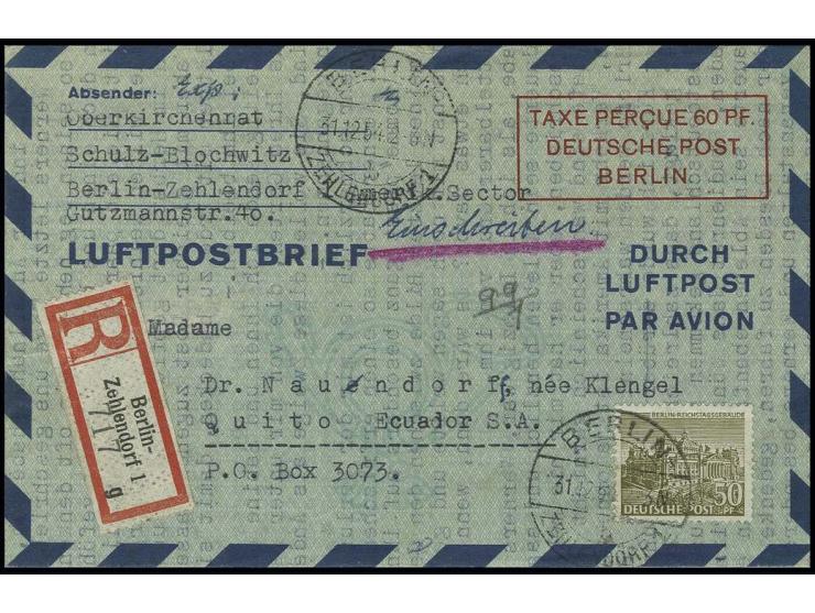 Luftpostfaltbrief 60 PF. mit Zufrankatur Bauten 50 Pfg. als Einschreiben-Luftpostbrief von "BERLIN-ZEHLENDORF 31.12.54" mit v
