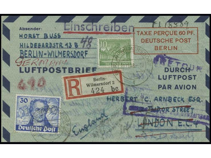 Luftpostfaltbrief 60 PF. mit Zufrankatur Bauten 10 Pfg. und Goethe 30 Pfg. als Einschreibe-Luftpostbrief von "BERLIN-WILMERSD