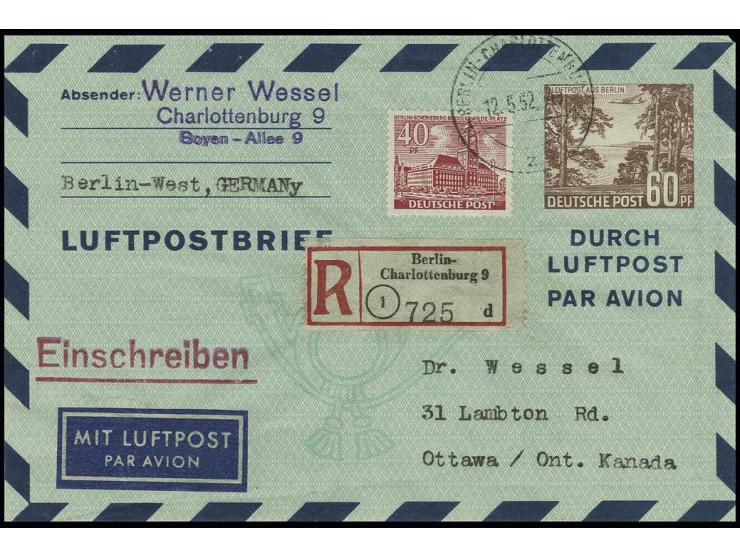 Luftpostfaltbrief  60 Pfg. mit Zufrankatur Bauten 40 Pfg. als Einschreibe-Luftpostbrief von "BERLIN-CHARLOTTENBURG 9 12.5.52"