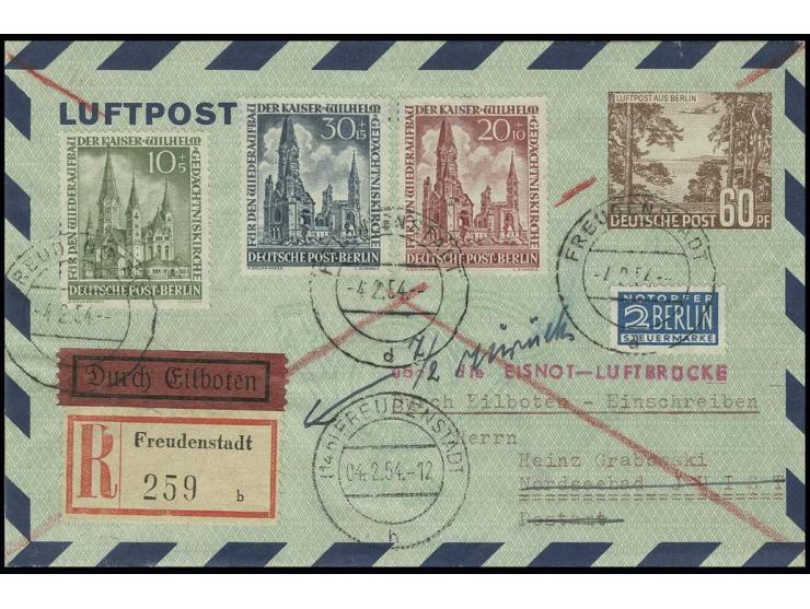 Luftpostleichtbrief 60 Pfg. mit Zufrankatur Gedächtniskirche 10-30 Pfg. als Einschreibe-Luftpost-Eilboten-Brief von "FREUDENS