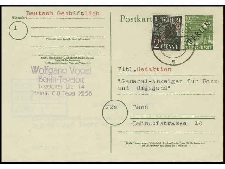 Karte Schwarzaufdruck 10 Pfg. auf weißem, dünnen Karton mit Zufrankatur Rotaufdruck 2 Pfg. als portogerechte Verwendung von "