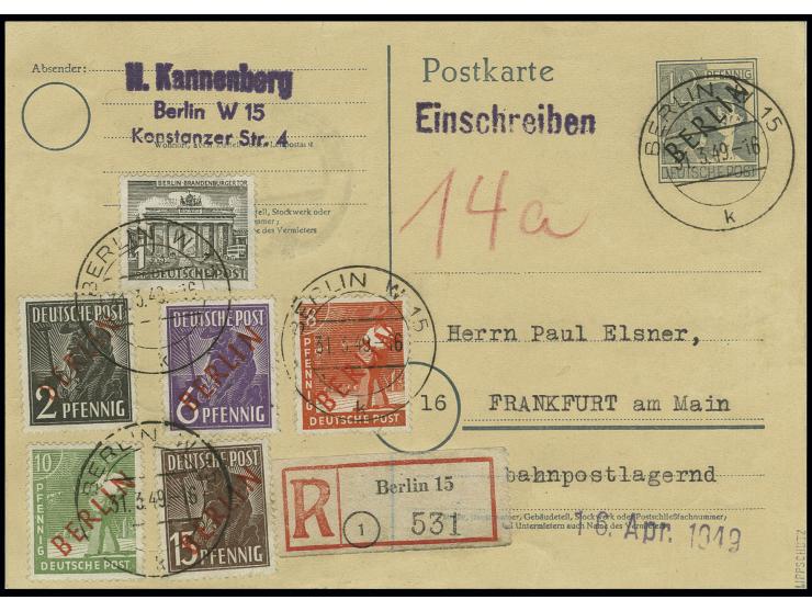 Karte Schwarzaufdruck 12 Pfg. auf gelblichem Karton mit Zufrankatur Rotaufdruck 15 Pfg., 10 Pfg., 8 Pfg. und 2 Pfg. sowie Bau