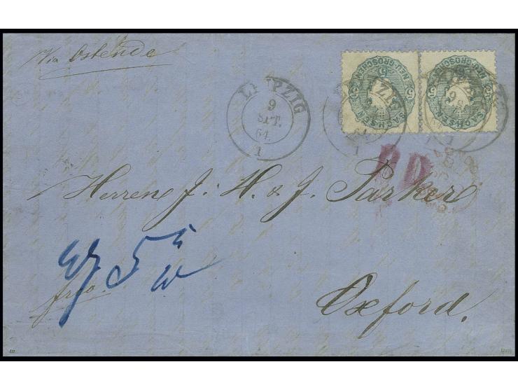 Wappen 5 Neugroschen graublau, 2 Einzelwerte mit DKr. "LEIPZIG 9 SPT. 64" auf Brief der 2. Gewichtsstufe nach Oxford; nicht h
