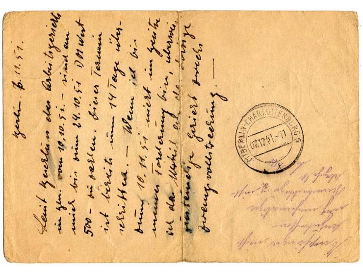Karte Bauten 10 Pfg. mit Zufrankatur Bauten 40 Pfg. und 15 Pfg. als Einschreibe-Eigenhändig-(Luftpost)-Karte von "BERLIN-CHAR