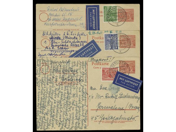 Karte Bauten 20 Pfg., 3 Stück mit Zufrankatur Bauten 30 Pfg., 20 Pfg. und 10 Pfg. als Luftpostkarten nach Israel (2 verschied